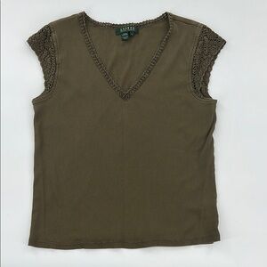 Vintage Lauren Ralph Lauren baby tee Olive‎ Green Crochet Trim v neck Y2K large